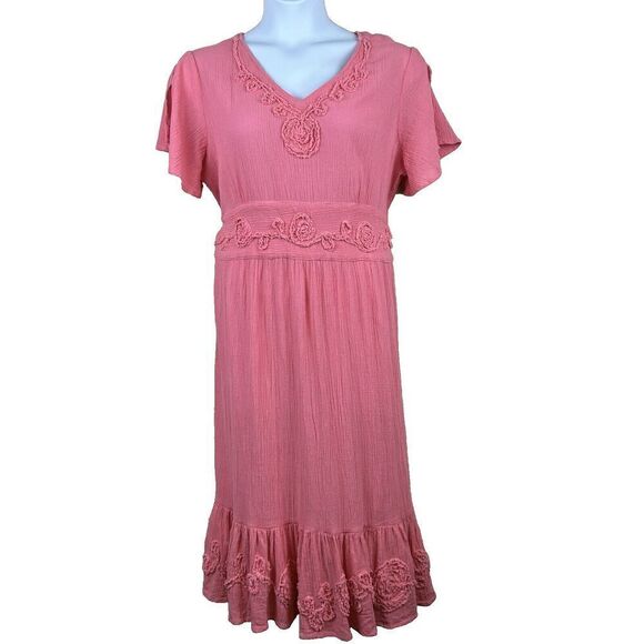 Only Necessities Midi Dress 18 W Coral Ruffles‎ Embroidery Gauzy Coastal Beachy - Picture 1 of 13